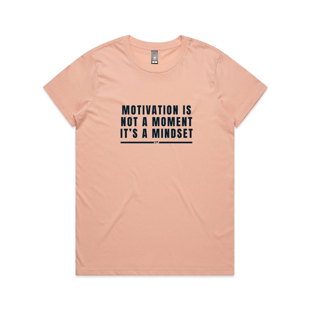 Pale pink women's t-shirt with "Motivation Is Not A Moment" design on white background