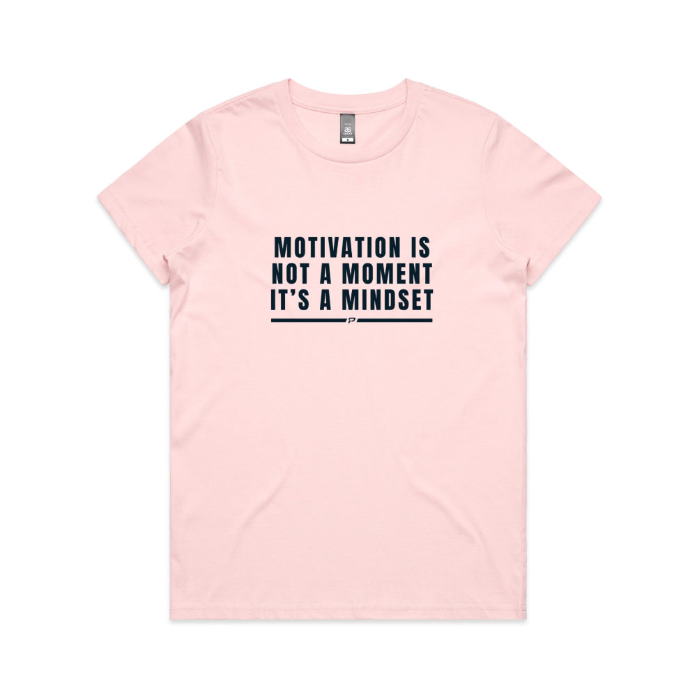 Pink women's t-shirt with "Motivation Is Not A Moment" design on white background