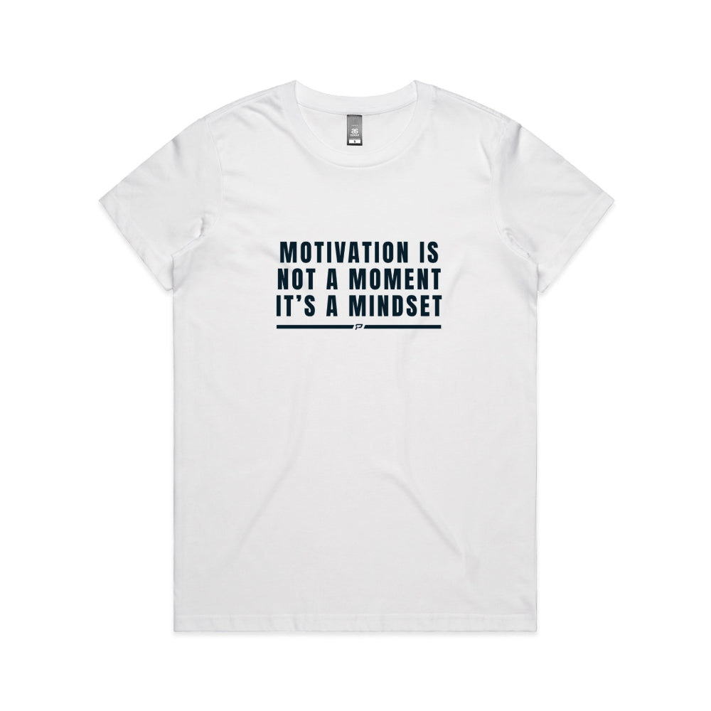 White women's t-shirt with "Motivation Is Not A Moment" design on white background