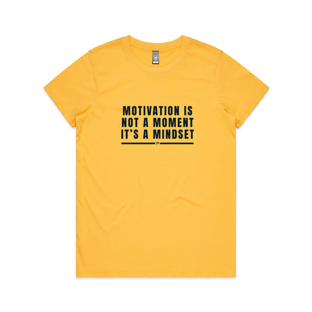 Yellow women's t-shirt with "Motivation Is Not A Moment" design on white background