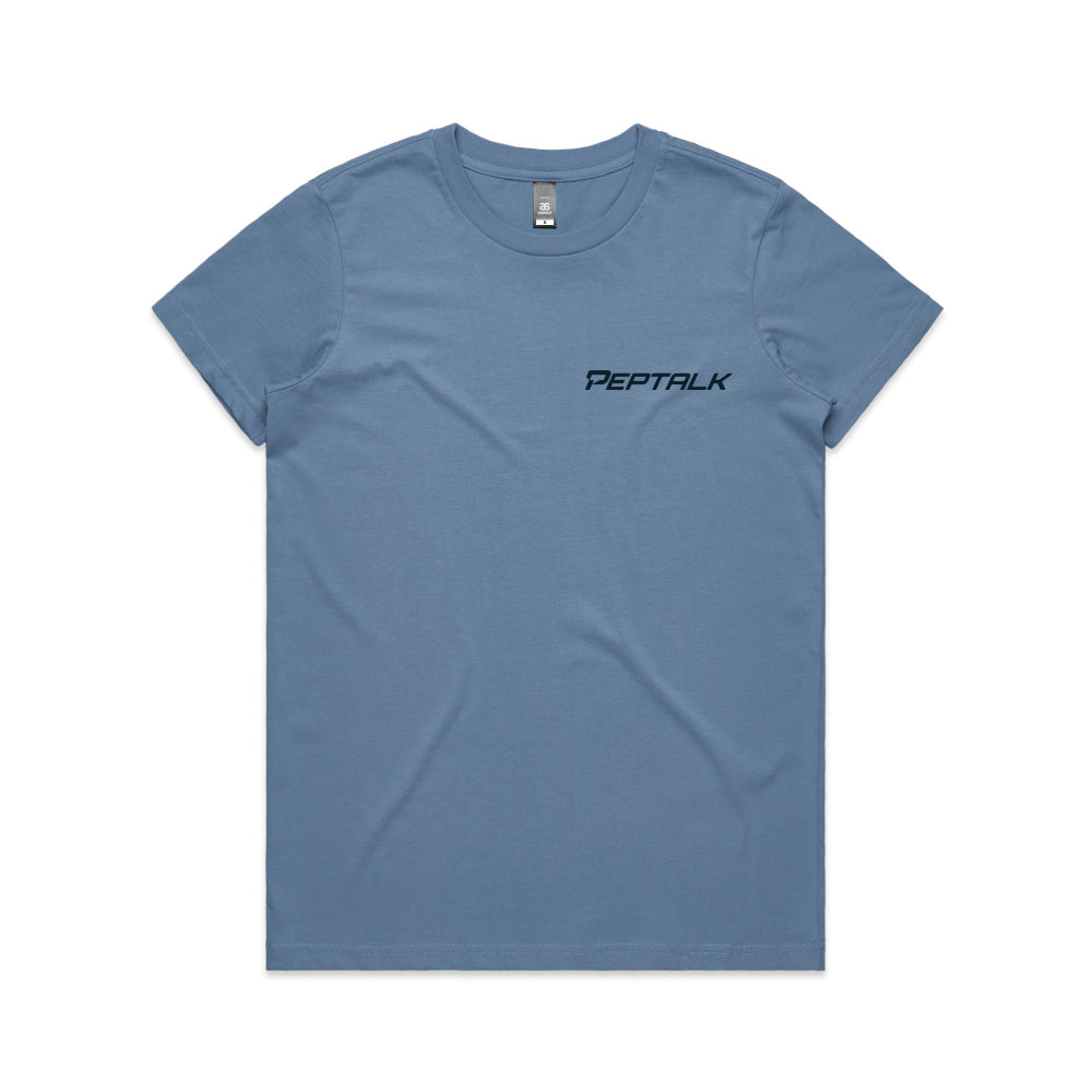 Carolina blue women's t-shirt with PepTalk logo on white background
