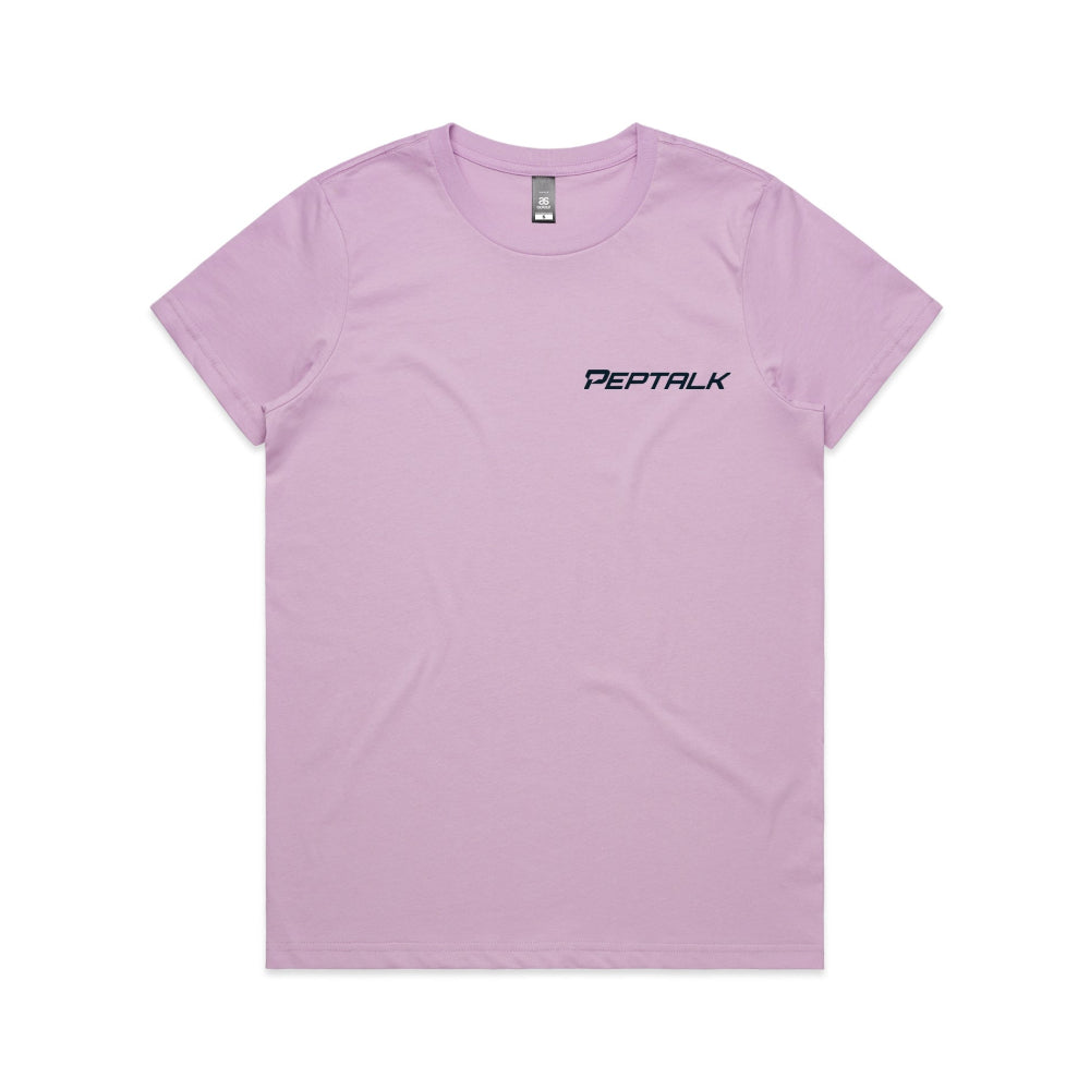 Lavender women's t-shirt with PepTalk logo on white background