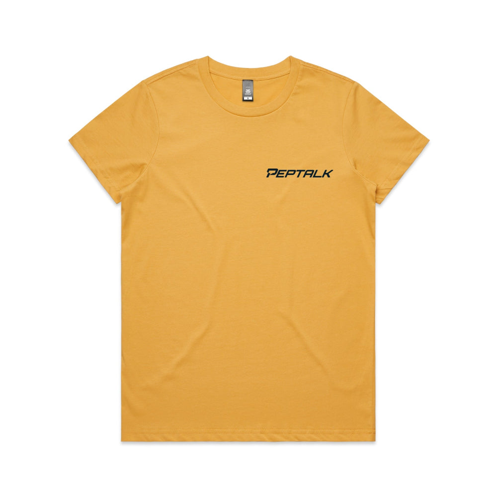 Mustard women's t-shirt with PepTalk logo on white background