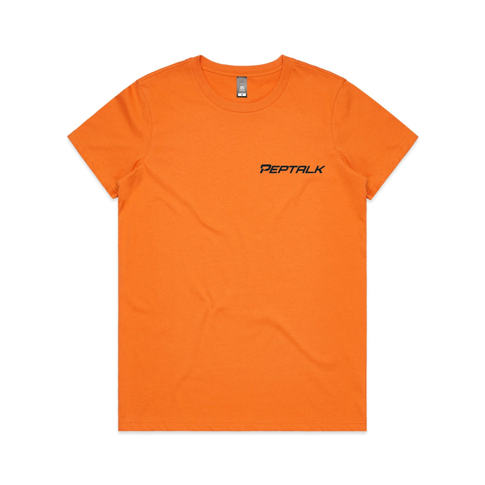 Orange women's t-shirt with PepTalk logo on white background