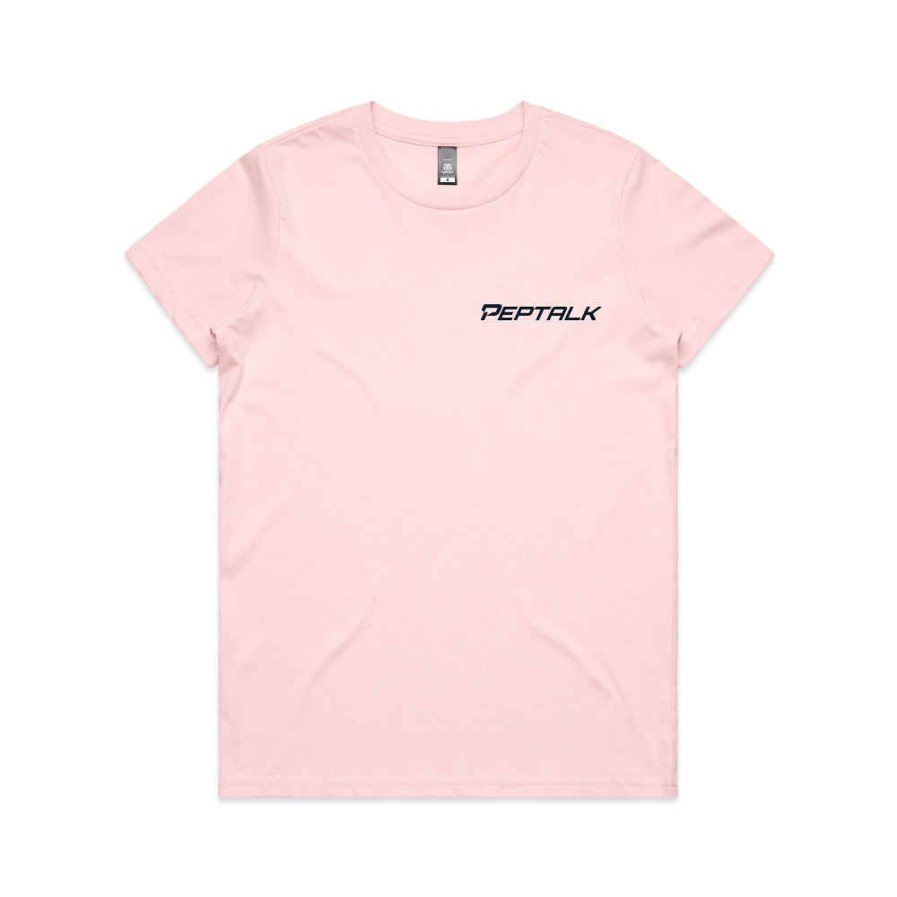 Pink women's t-shirt with PepTalk logo on white background