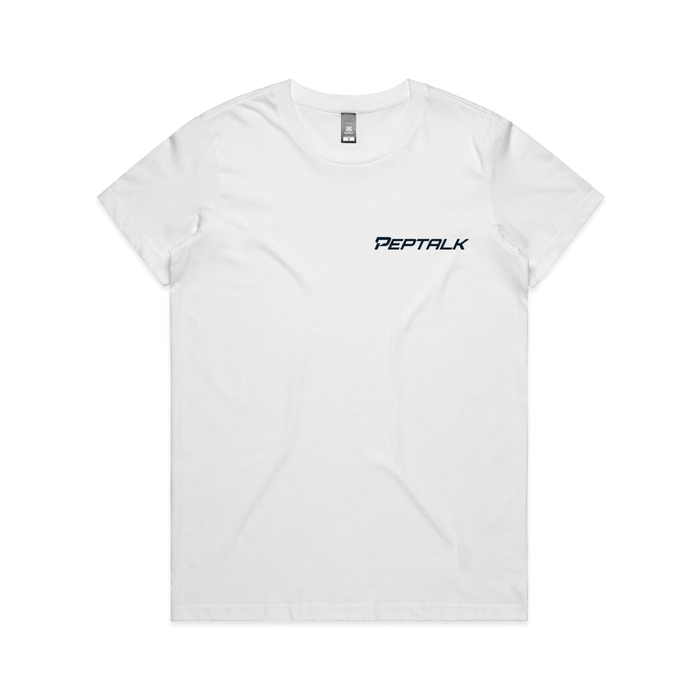 White women's t-shirt with PepTalk logo on white background