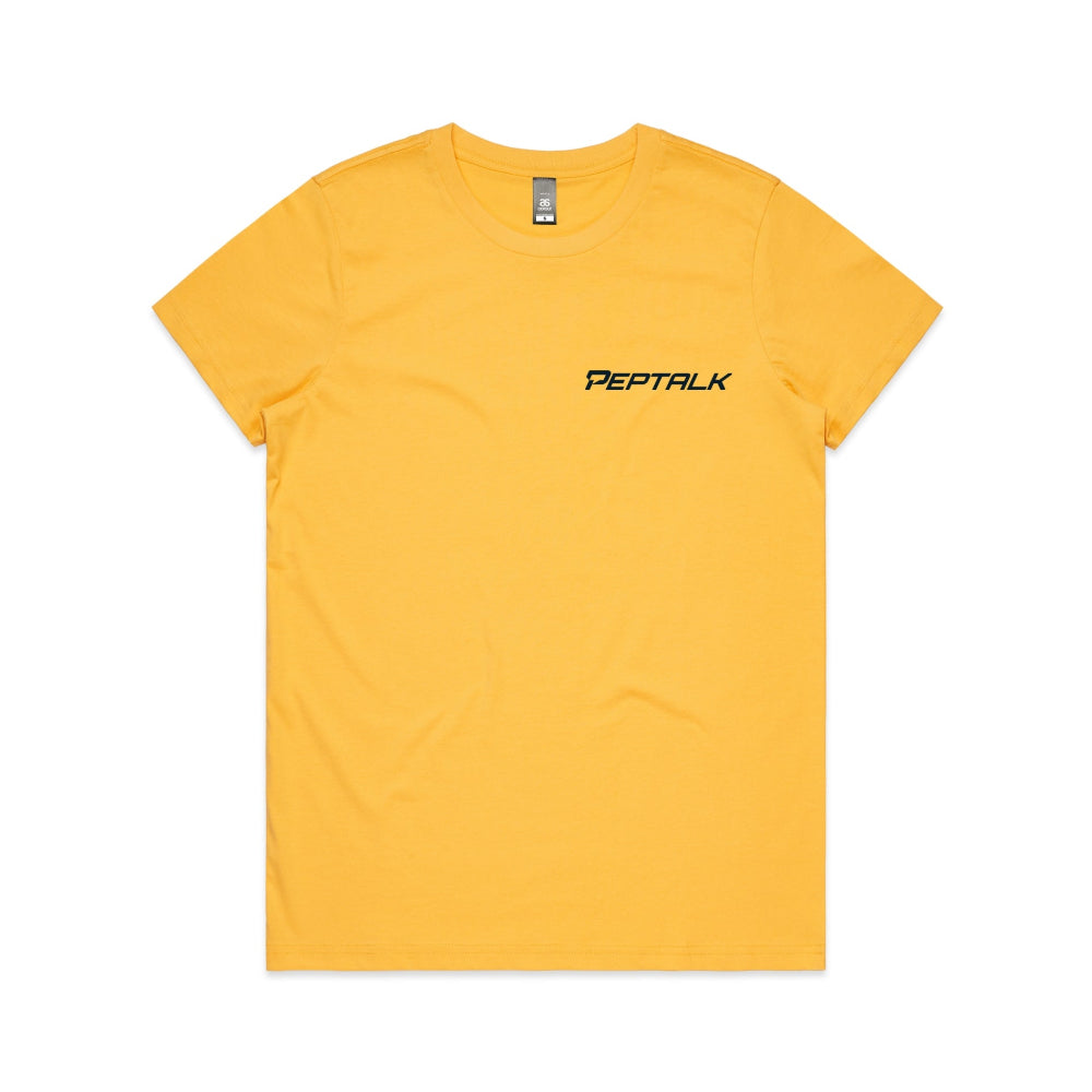 Yellow women's t-shirt with PepTalk logo on white background