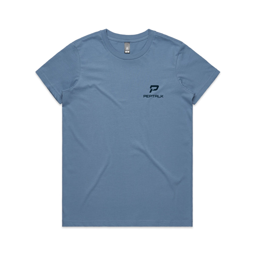 Carolina blue women's t-shirt with navy portrait PepTalk logo on white background