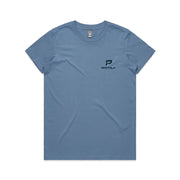 Carolina blue women's t-shirt with navy portrait PepTalk logo on white background