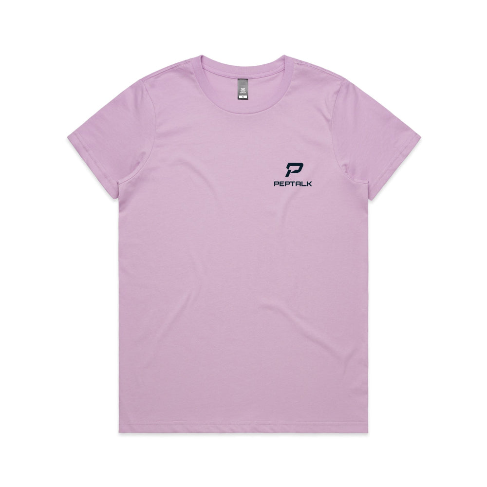 Lavender women's t-shirt with navy portrait PepTalk logo on white background