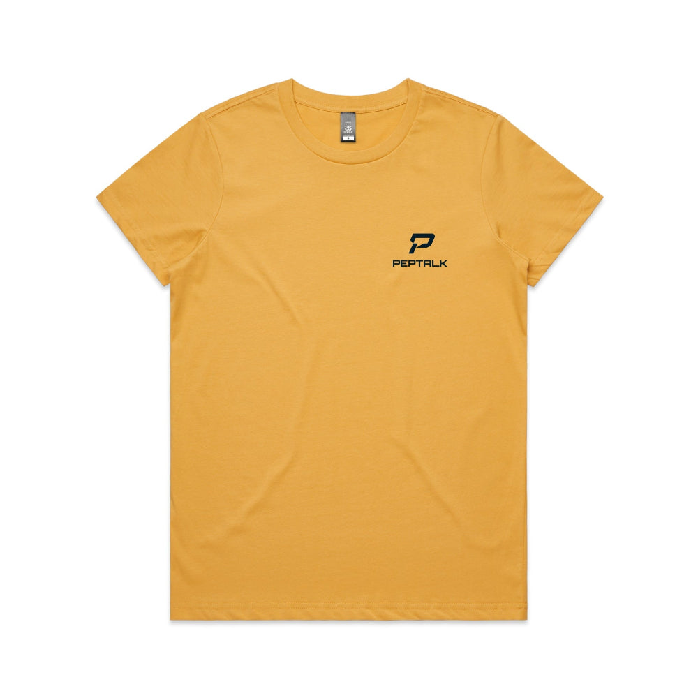 Mustard colour women's t-shirt with navy portrait PepTalk logo on white background