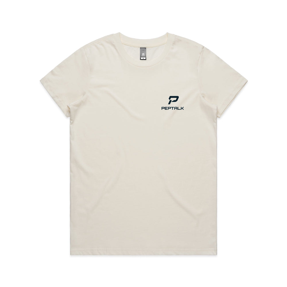 Natural colour women's t-shirt with navy portrait PepTalk logo on white background