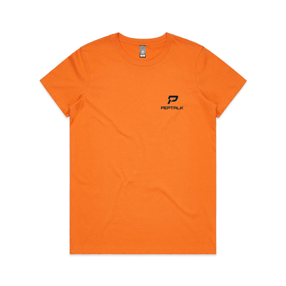 Orange women's t-shirt with navy portrait PepTalk logo on white background