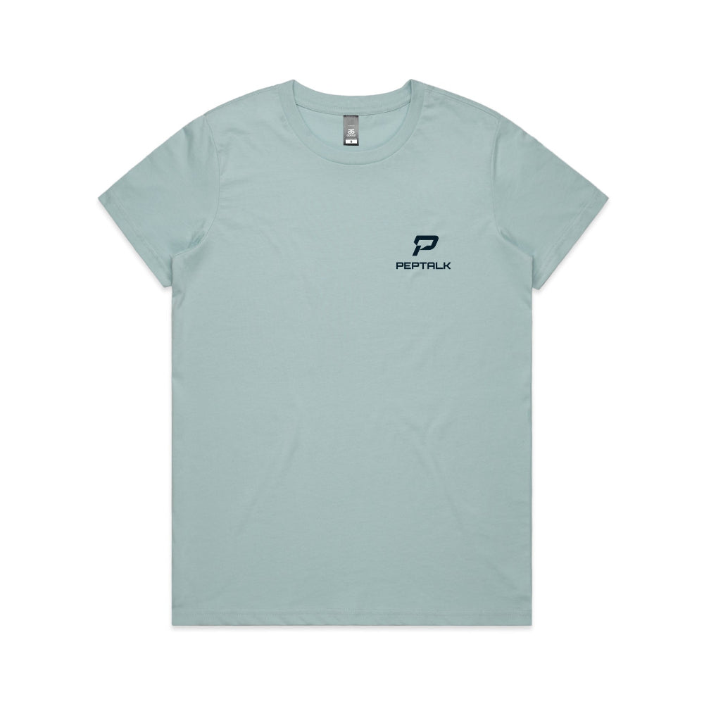 Pale blue women's t-shirt with navy portrait PepTalk logo on white background