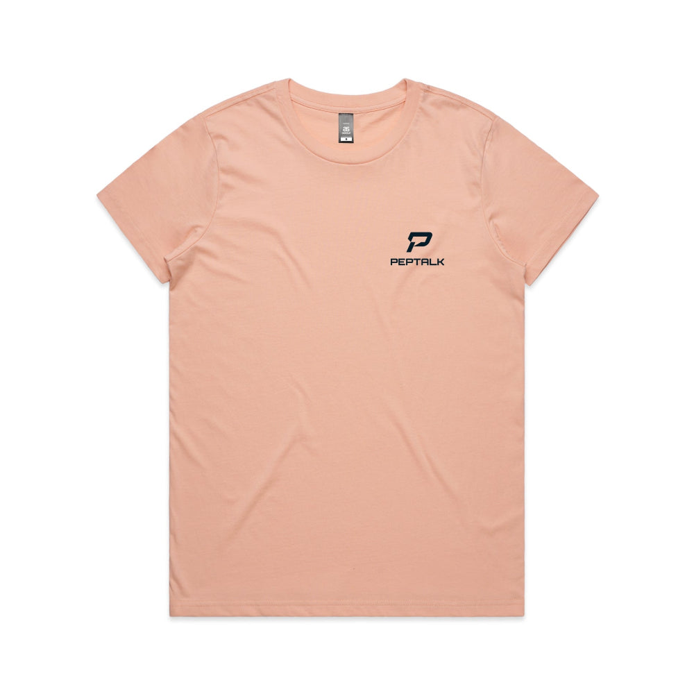 Pale pink women's t-shirt with navy portrait PepTalk logo on white background