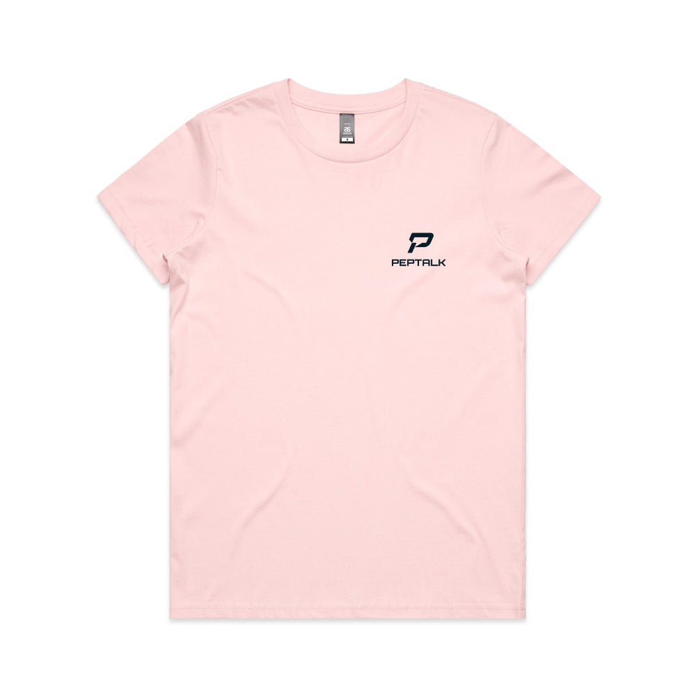Pink women's t-shirt with navy portrait PepTalk logo on white background