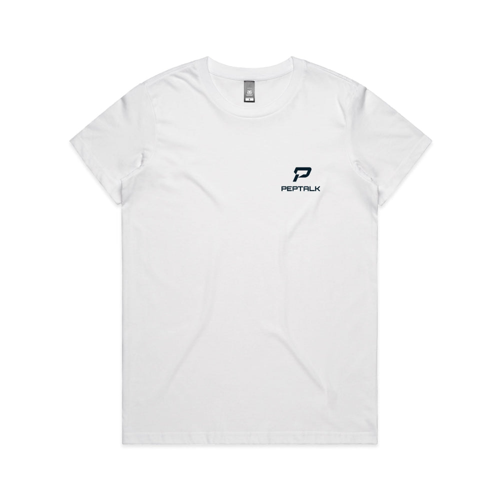 White women's t-shirt with navy portrait PepTalk logo on white background