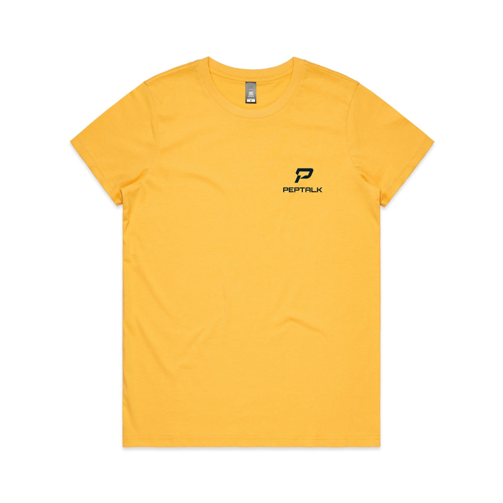 Yellow women's t-shirt with navy portrait PepTalk logo on white background