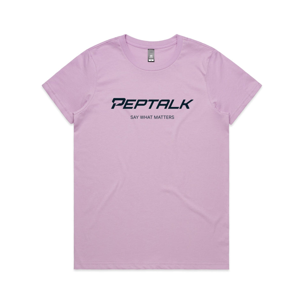 Lavender women's t-shirt with PepTalk logo and "Say What Matters" design on white background