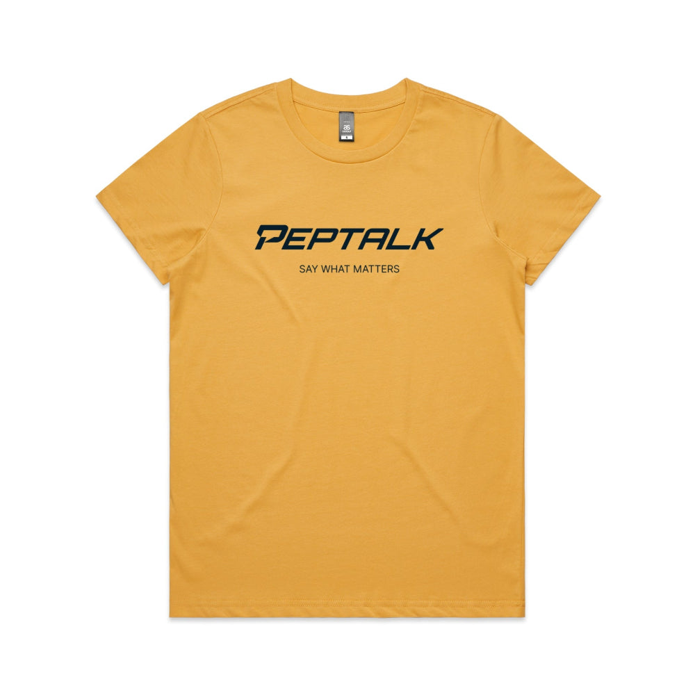 Mustard women's t-shirt with PepTalk logo and "Say What Matters" design on white background