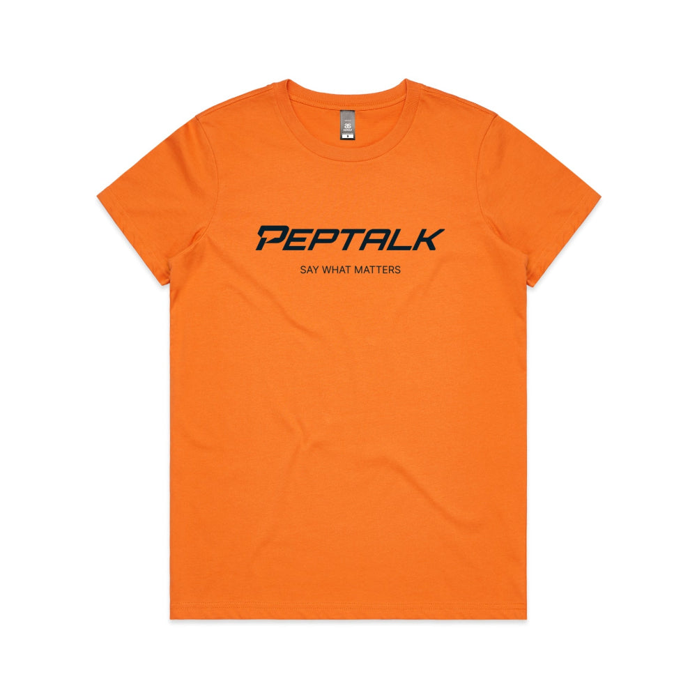 Orange women's t-shirt with PepTalk logo and "Say What Matters" design on white background