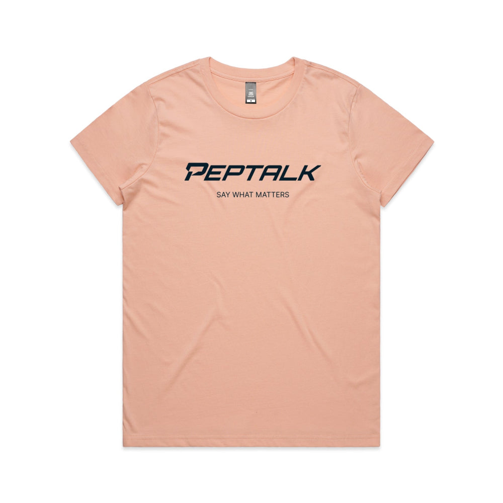 Pale pink women's t-shirt with PepTalk logo and "Say What Matters" design on white background