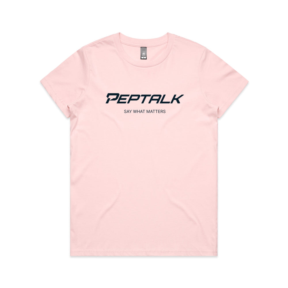 Pink women's t-shirt with PepTalk logo and "Say What Matters" design on white background