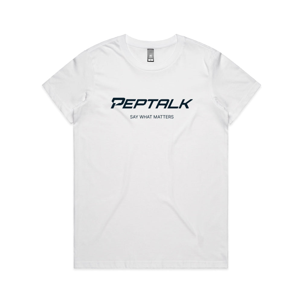 White women's t-shirt with PepTalk logo and "Say What Matters" design on white background