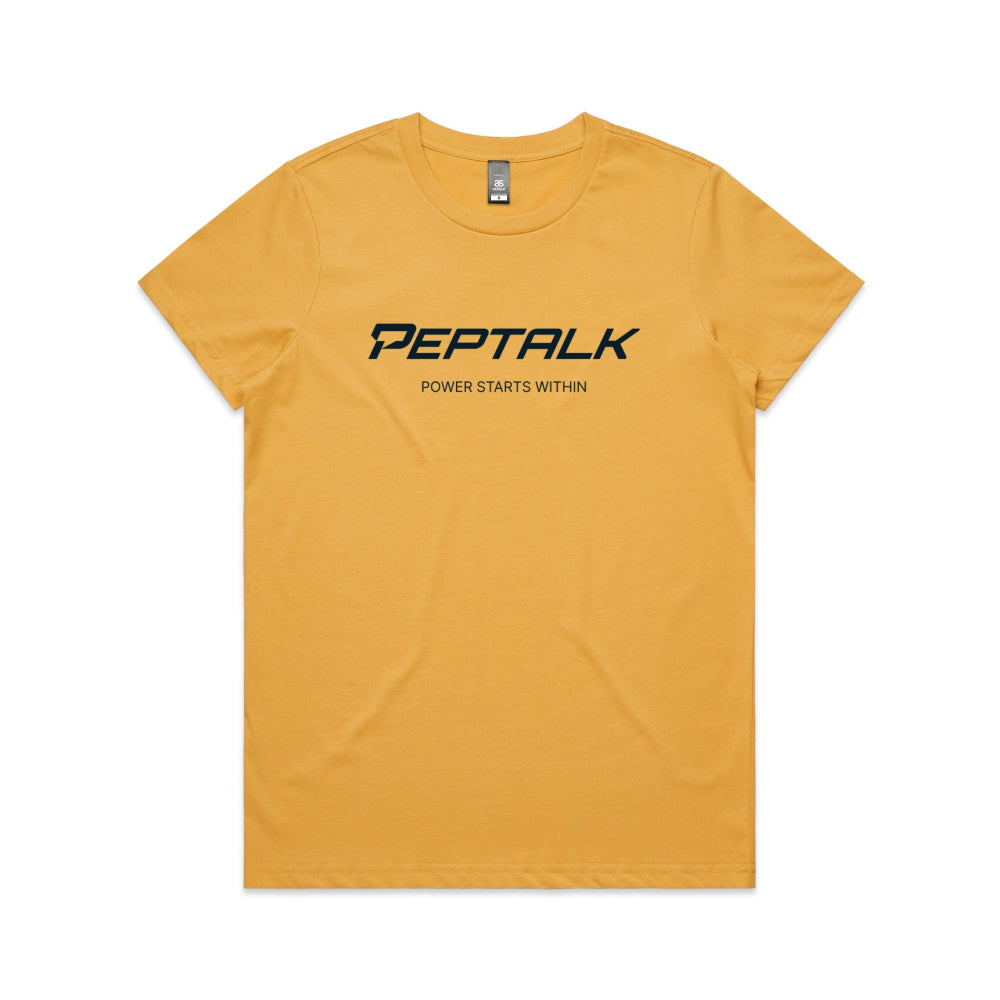 Mustard women's t-shirt with PepTalk logo and "Power Starts Within" design on white background