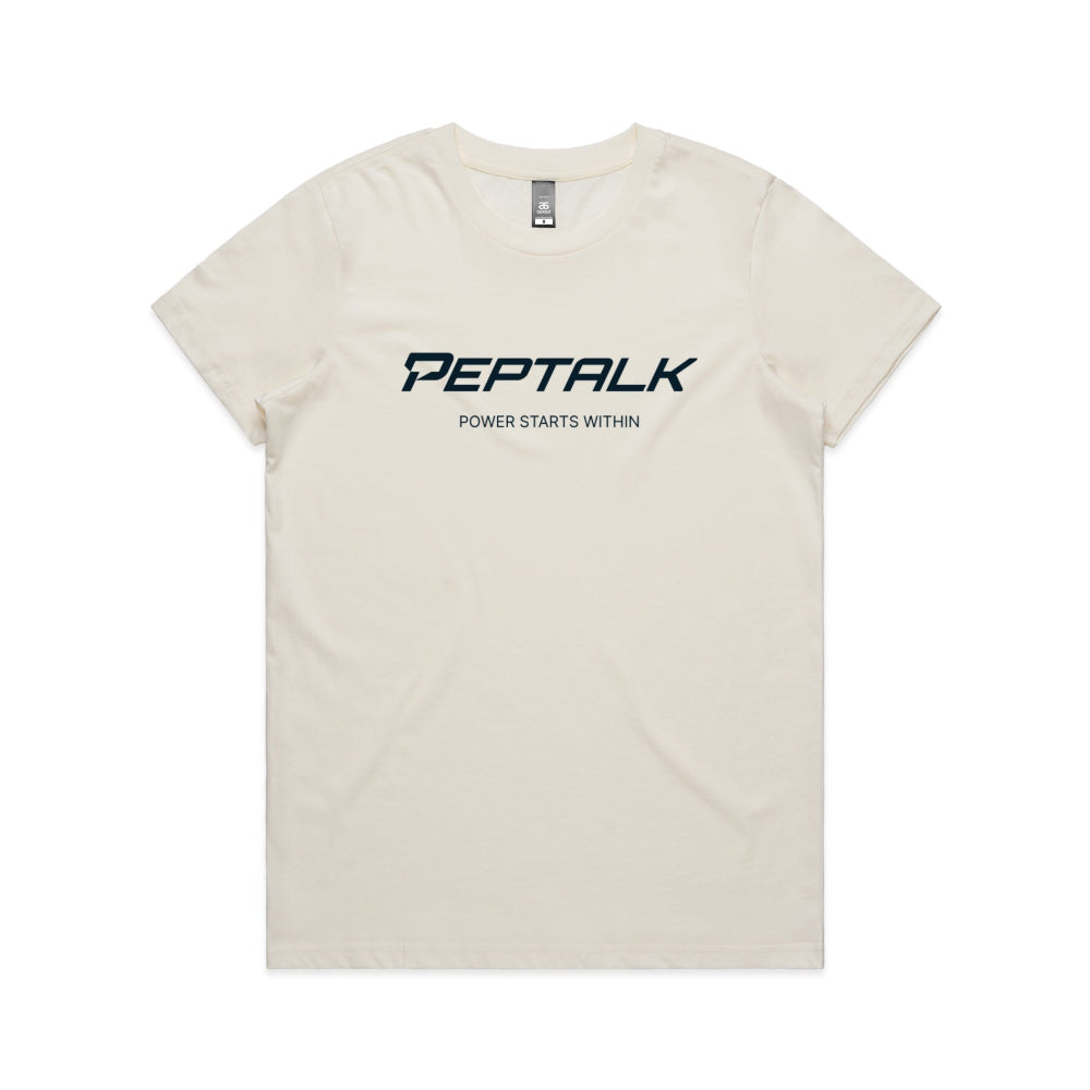 Natural colour women's t-shirt with PepTalk logo and "Power Starts Within" design on white background