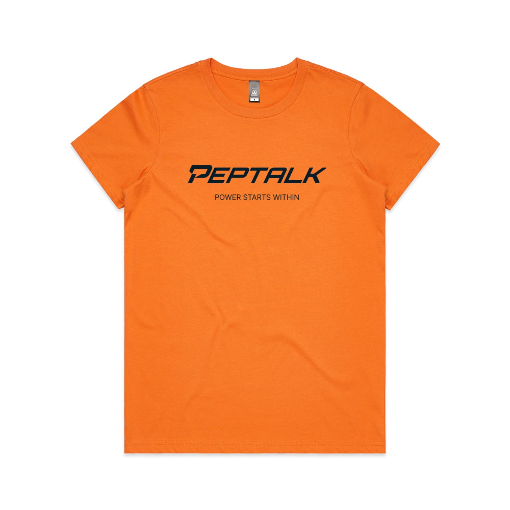 Orange women's t-shirt with PepTalk logo and "Power Starts Within" design on white background