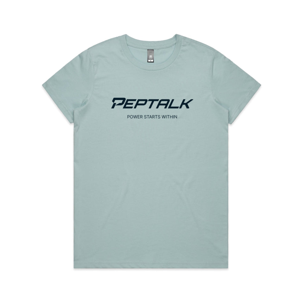 Pale blue women's t-shirt with PepTalk logo and "Power Starts Within" design on white background