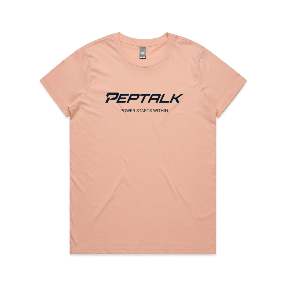 Pale pink women's t-shirt with PepTalk logo and "Power Starts Within" design on white background