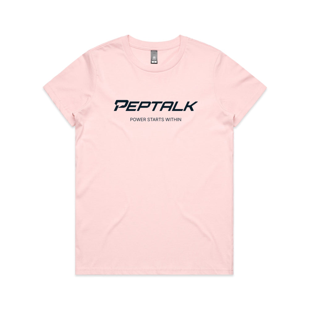 Pink women's t-shirt with PepTalk logo and "Power Starts Within" design on white background