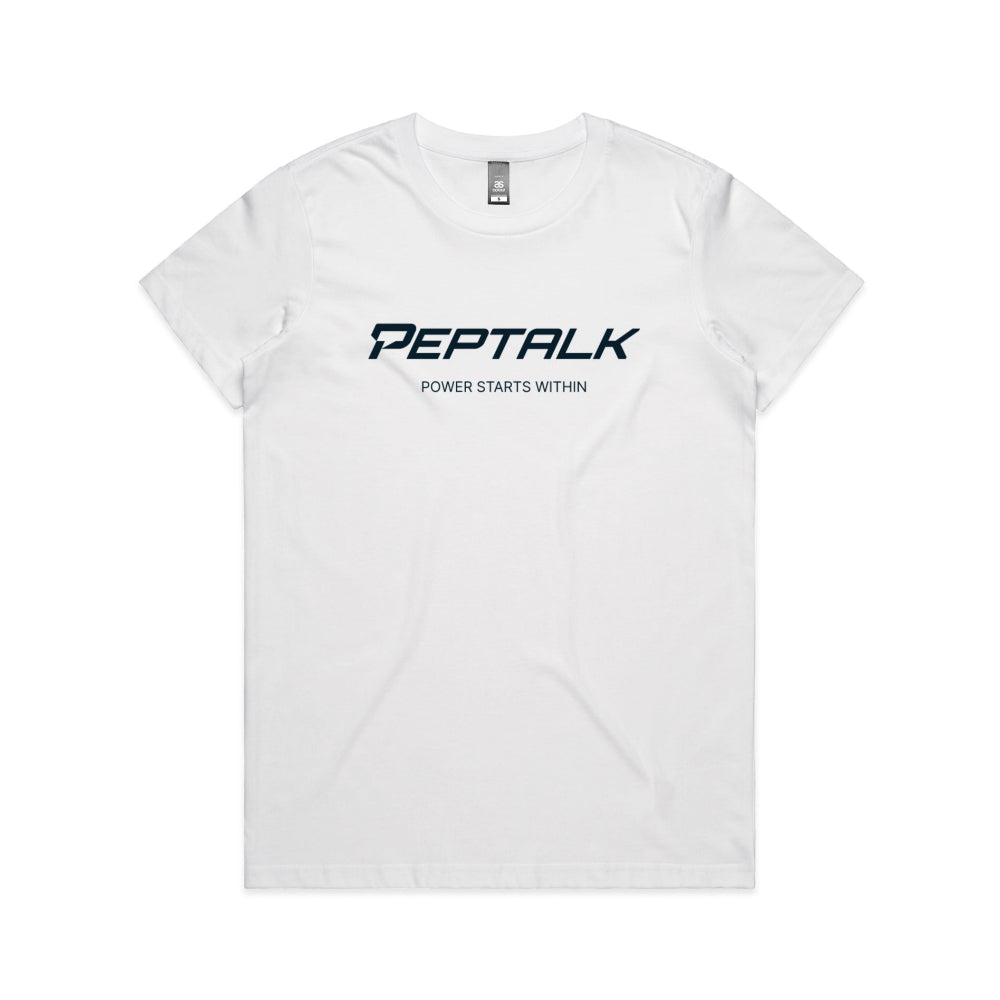 White women's t-shirt with PepTalk logo and "Power Starts Within" design on white background