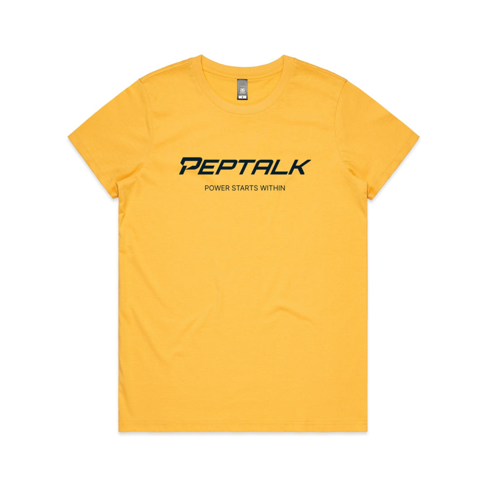Yellow women's t-shirt with PepTalk logo and "Power Starts Within" design on white background