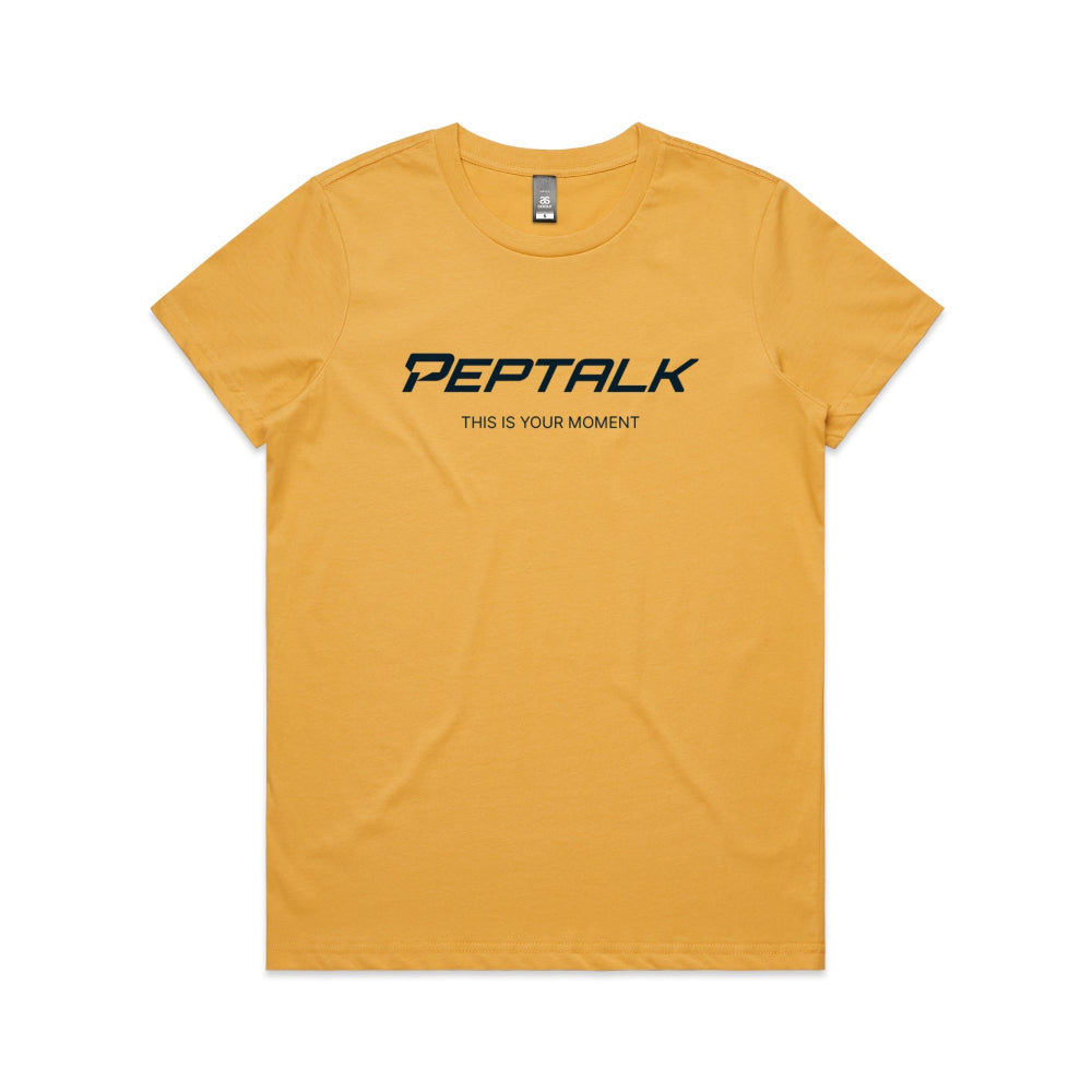 Mustard colour women's t-shirt with "This Is Your Moment" design on white background