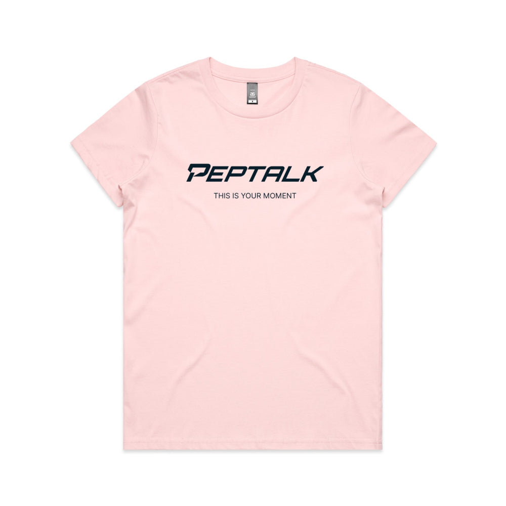 Pink women's t-shirt with "This Is Your Moment" design on white background