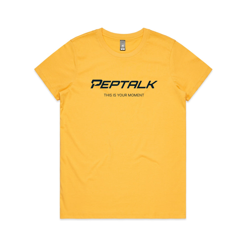 Yellow women's t-shirt with "This Is Your Moment" design on white background