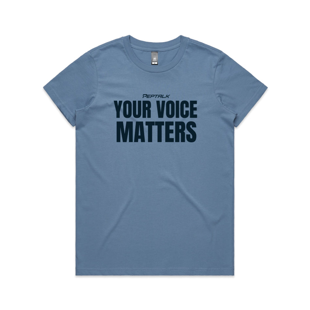 Carolina blue women's t-shirt with "Your Voice Matters" design on white background