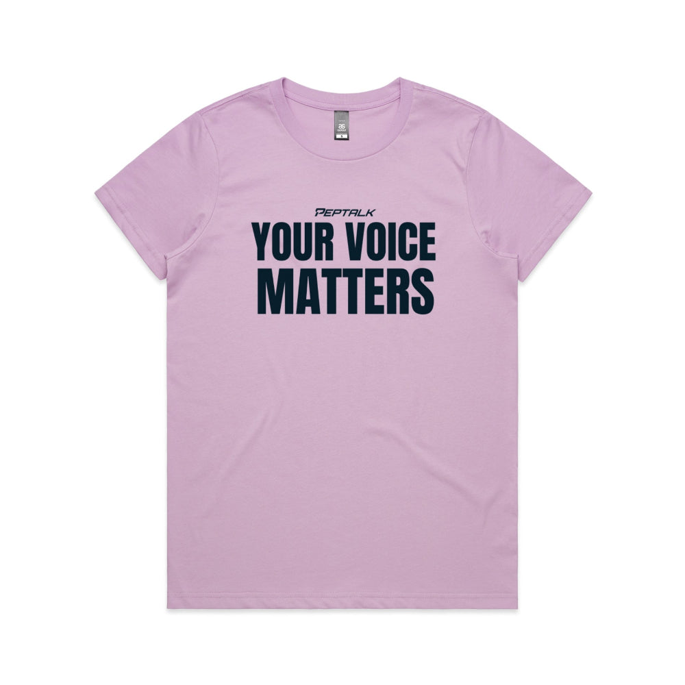 Lavender women's t-shirt with "Your Voice Matters" design on white background