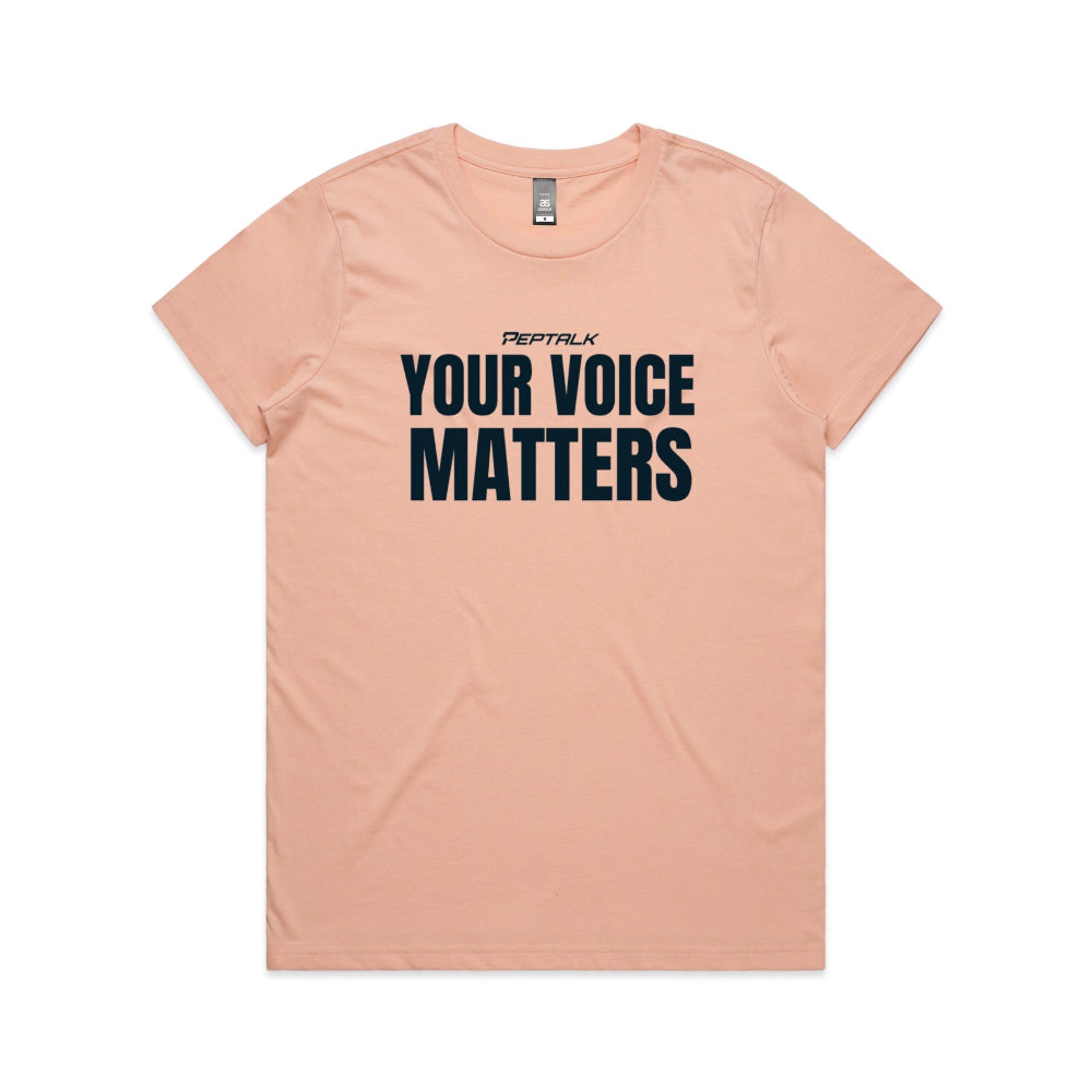 Pale pink women's t-shirt with "Your Voice Matters" design on white background