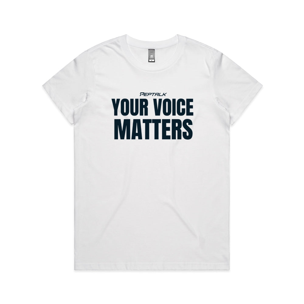 White women's t-shirt with "Your Voice Matters" design on white background