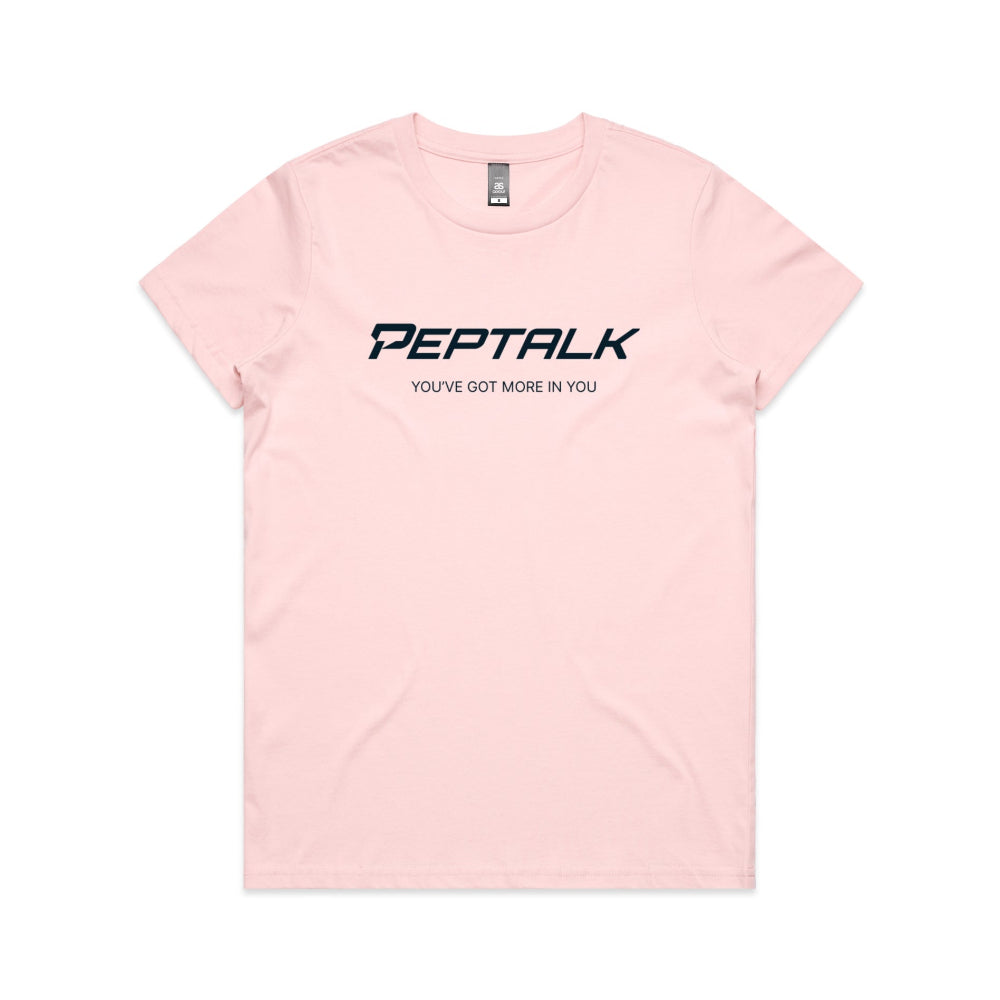 Pink women's t-shirt with PepTalk logo and "You've Got More In You" design on white background