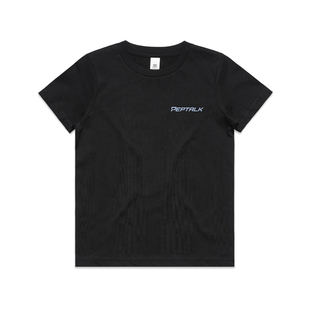Black kid's shirt with blue PepTalk logo on white background