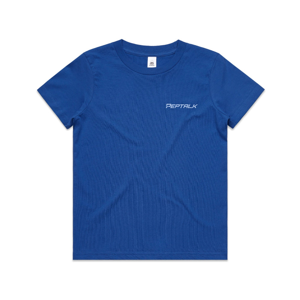 Bright royal blue kid's shirt with blue PepTalk logo on white background