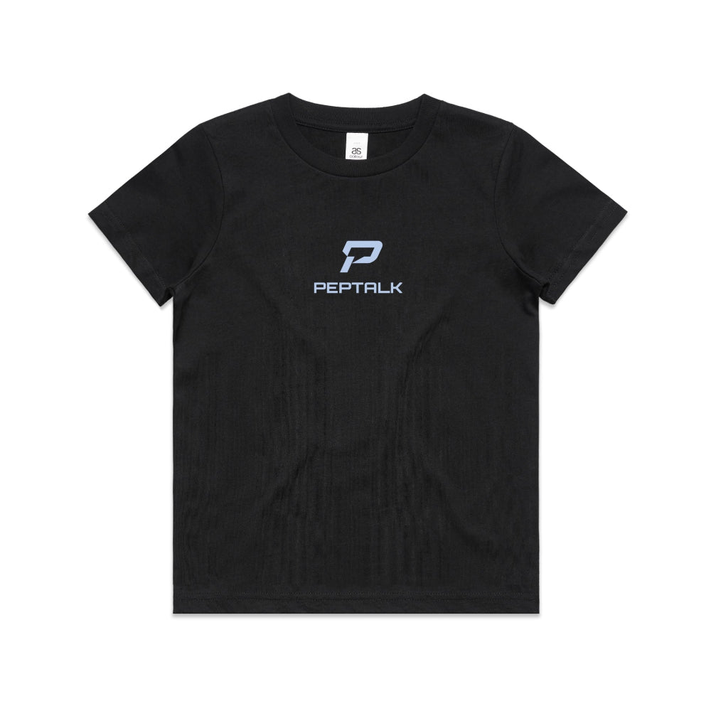 Black kid's shirt with PepTalk portrait logo at the centre