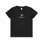 Black kid's shirt with PepTalk portrait logo at the centre
