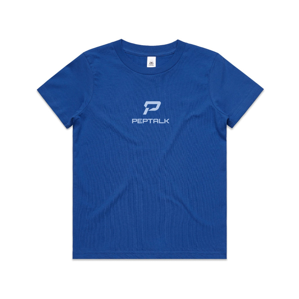 Bright royal kid's shirt with PepTalk portrait logo at the centre