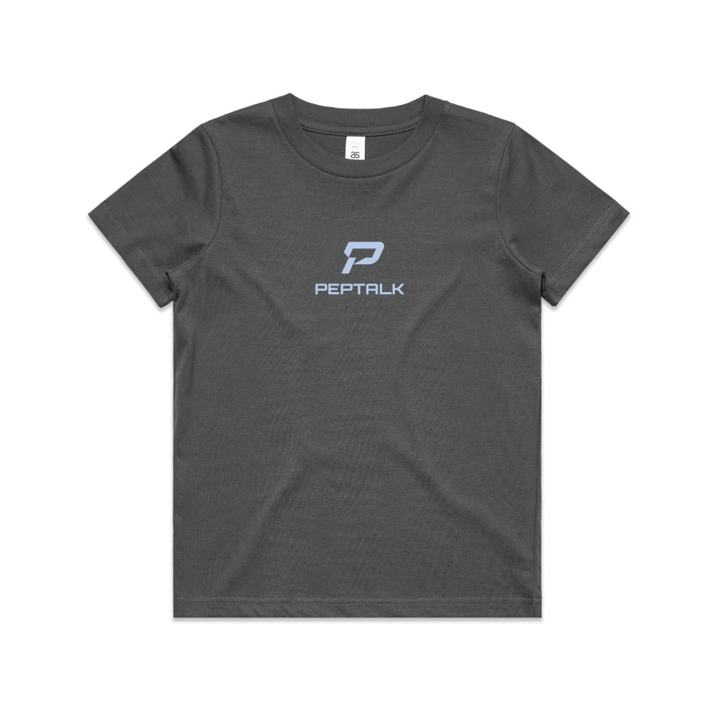 Charcoal colour kid's shirt with PepTalk portrait logo at the centre
